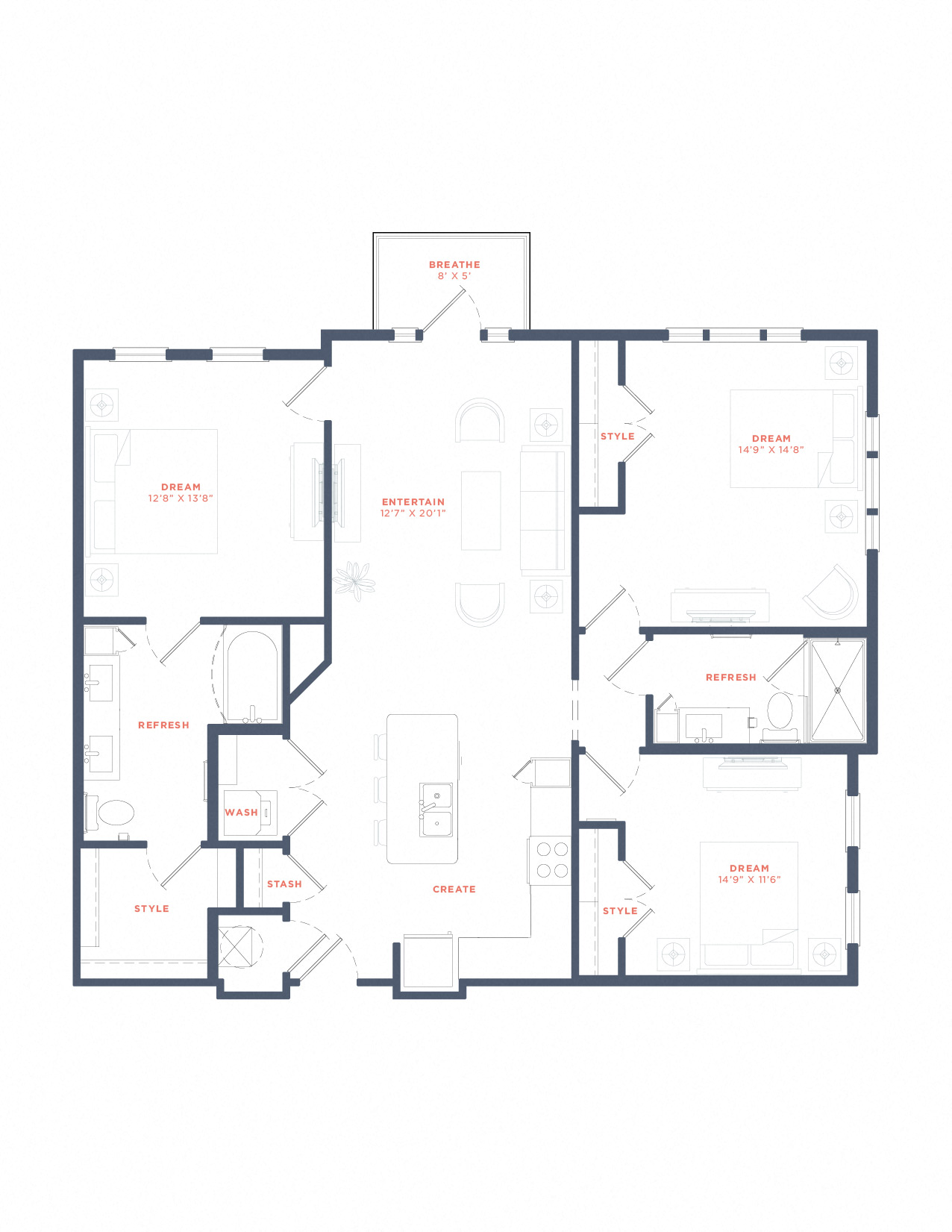 Floor plan for 3 beds, 2 baths, 1350 sqft
